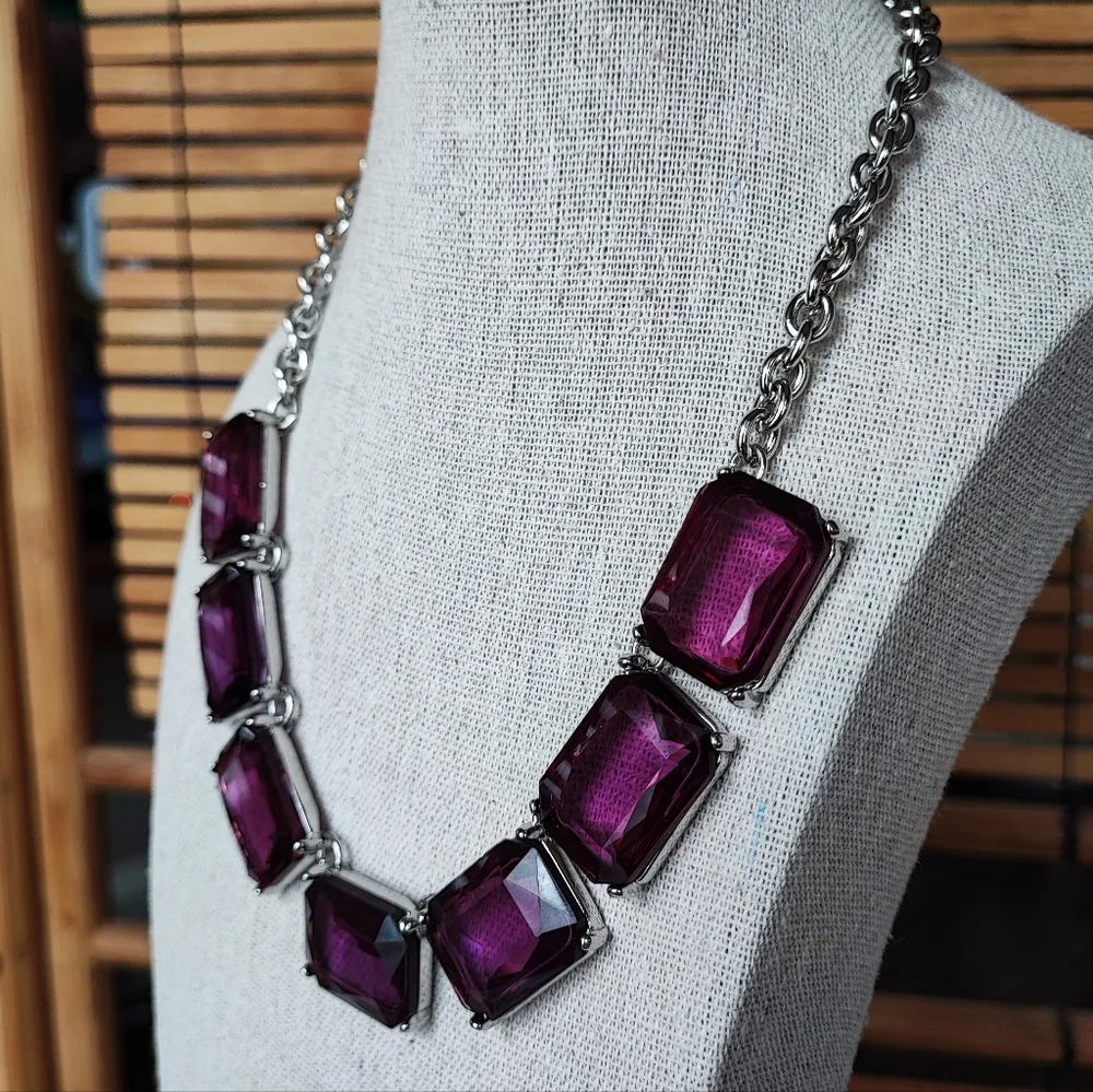 Chico's Grape Juice Plum Eggplant Statement Necklace Silver Tone Emerald Cut EUC
